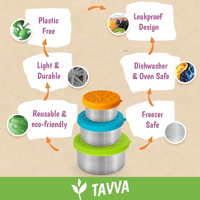 TAVVA Stainless Steel Lunch Containers [12oz/ 7oz/ 3oz] - BPA-Free Metal Lunchbox with Leakproof Silicone Lids - Lunch Box - Small Snack Food Containers with Lids - Dishwasher Safe