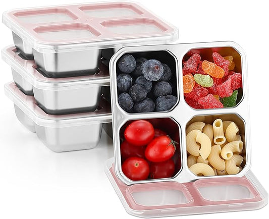 BEFOY 4 Pack Stainless Steel Snack Containers with Lids 4 Compartment Food Storage Containers for Adults & Kids Meal Prep Containers Reusablele (pink, 4)