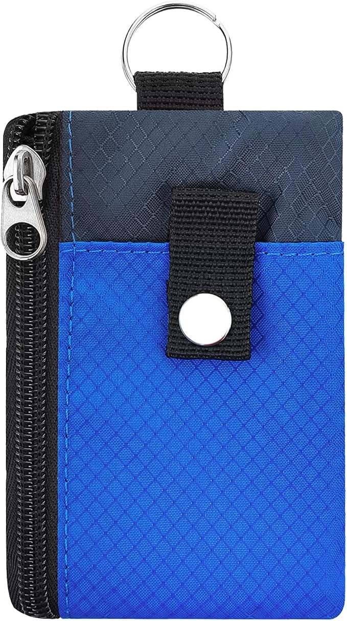 Minimalist Small Wallet for Men Women with 2 Zip Pockets, Multi Functional ID Case with Keychain and Card Holder, Coin Purse Badge Lanyard Pouch for Boys Girls Travel -Blue+DarkBlue