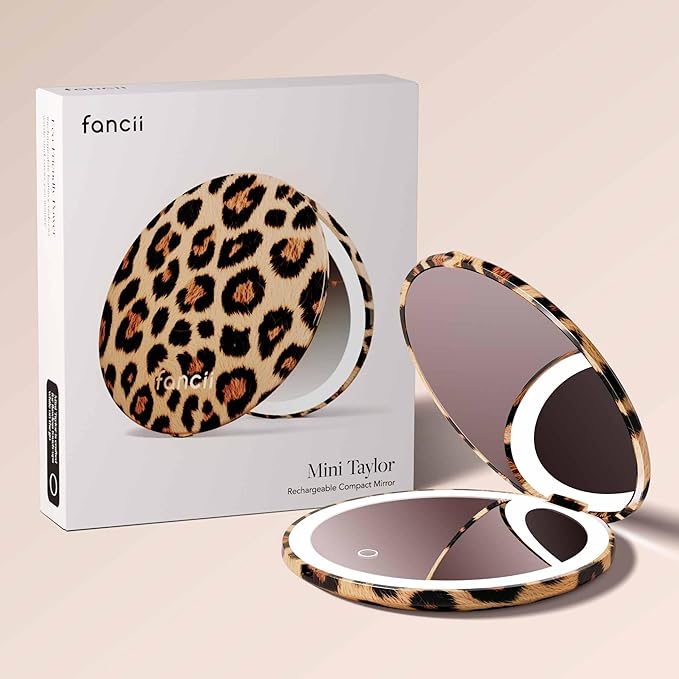 Fancii Mini Taylor Compact Magnifying Mirror with LED Light, 10x/1x, Rechargeable, 3 Light Settings, Dimmable-Small Lighted Travel Handheld Mirror for Pocket, Handbag, Purse, 2-Sided (Cheetah Chic)