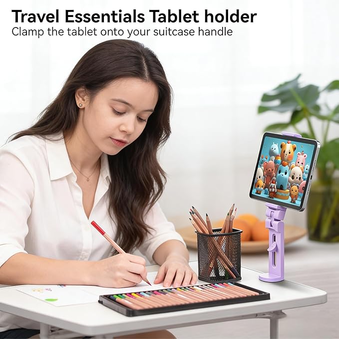 Airplane Tablet Holder Mount, Travel Essential Handsfree Tablet Stand with 360 Degree Rotation, Maximum 7.6” Clamp Opening, Compatible with iPad (Only Fits 7–11" Tablets) Purple