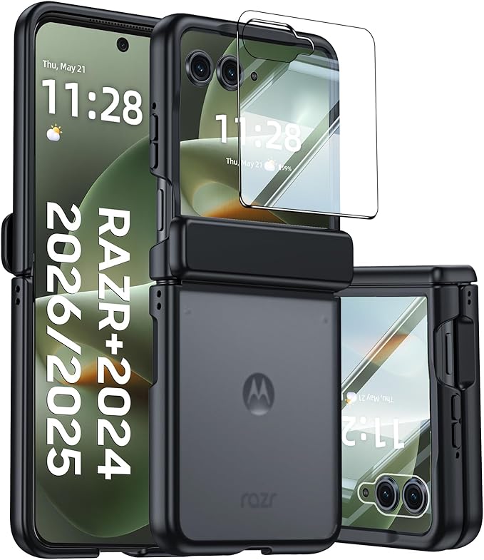 for Motorola Razr+ Plus 2026,Razr+ Plus 2025/2024 Case with Hinge Protection, Screen Protector, Skin Feel Translucent Frosted, Shockproof Cover for Razr+ 2026/2025/2024-Black