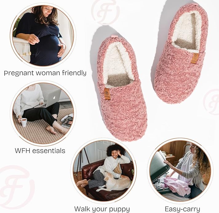 EverFoams Women’s Soft Curly Full Slippers Memory Foam Lightweight House Shoes Cozy Loafer with Polar Fleece Lining