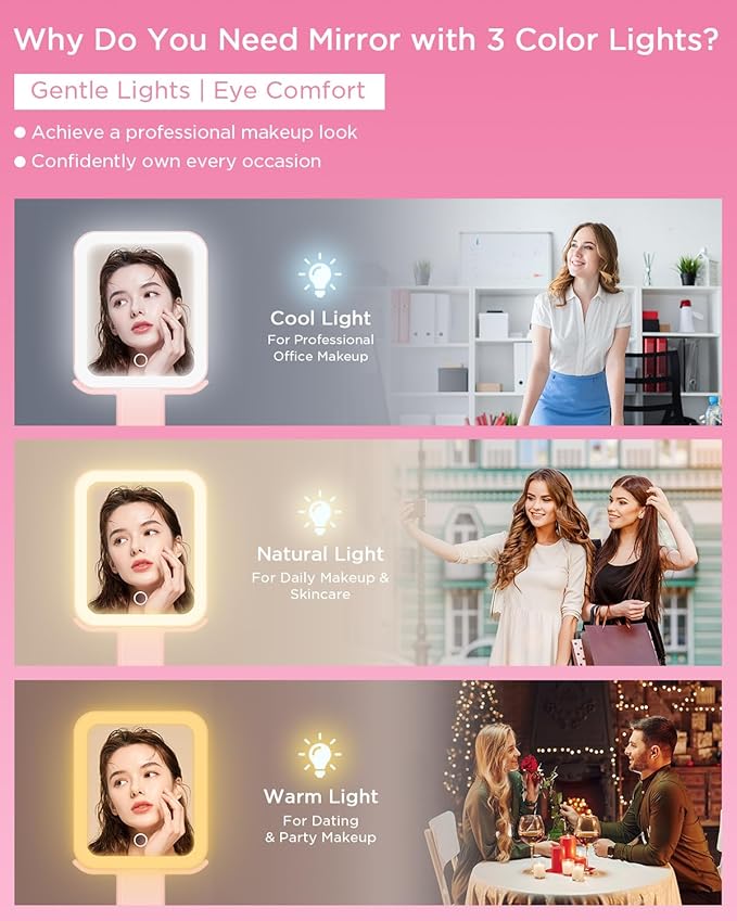 EAONE Magnifying Mirror with LED Light, Double Sided Travel Makeup Mirror 10X/1X with Storage Bag, 3 Color Lighting & Dimmable Touch Screen for Trip, Desk, Bathroom (10.3 x 5.2IN)- Pink
