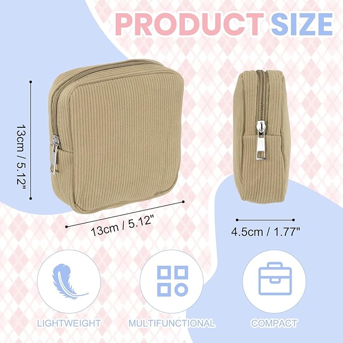 uxcell Period Bag for Teen Girls Women, Portable Corduroy Sanitary Towel Compact Cute Pouch with Zippers, Small Pouch Napkin Storage Pads Holder for Travel, Daily Use, Purse, Khaki