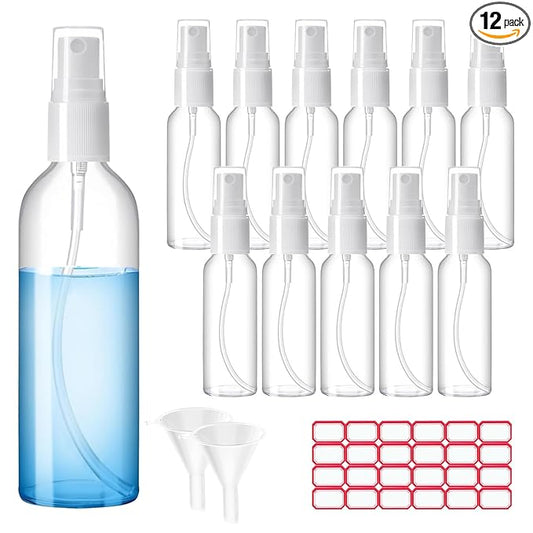 Zoizocp Spray Bottles, 2oz/50ml Clear Empty Fine Mist Plastic Mini Travel Bottle Set, Small Refillable Liquid Containers with 2pcs Funnels and 24pcs Labels (12 Pack)