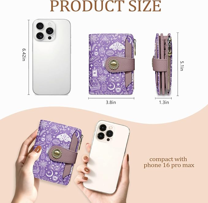 Icycay Goth Gothic Small Wallet Women RFID Blocking Bifold, Credit Card Holder, Zipper Coin Pocket, Witchy Magic, PU Leather, Compact, Travel, 4 ID Window, 14 Card Slots, Cash Purse, Ladies Woman