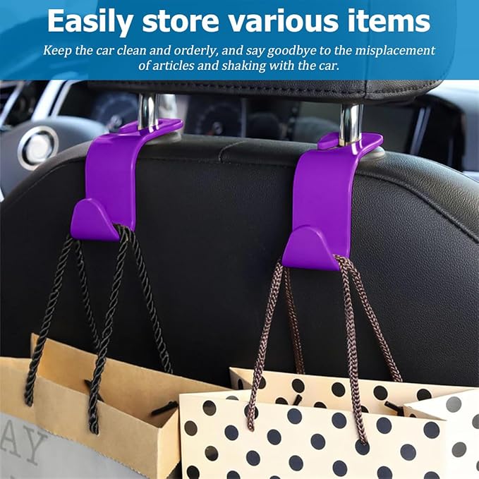 Car Seat Headrest Hook, 4PCS Vehicle Seat Back Hanger Storage Organizer for Purse Bag Coat, Auto Interior Hanging Holder Organization Accessories, Universal for SUV Sedan Truck (Purple)