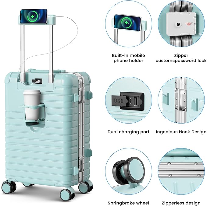 20 Inch Carry on Luggage with Cup Holder, Airline Approved 22x14x9 Aluminum Frame PC Hard Shell Suitcase, 360° Spinner Wheels, TSA Lock for Short Trips and Business Travel