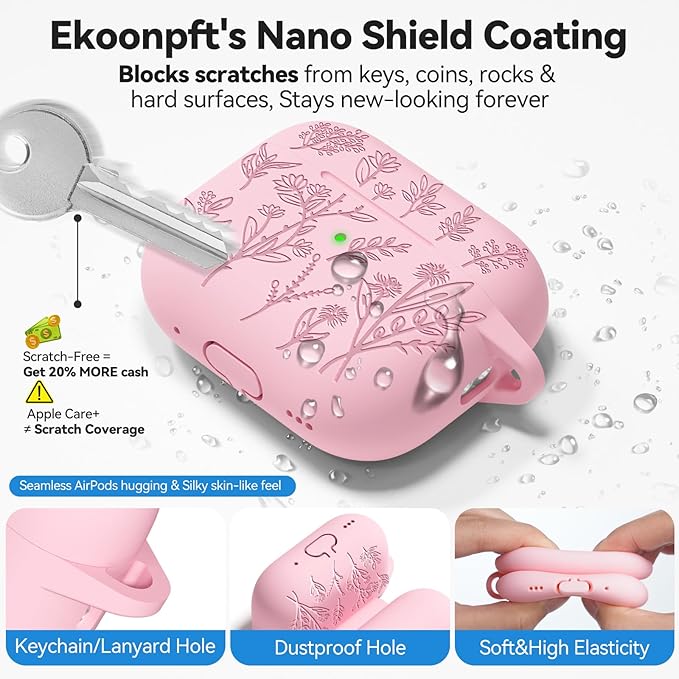 for AirPods Pro 2 Case, Ekoonpft Silicone AirPod Pro Cases with 3-in-1 Cleaning Kit & Keychain, Flower Engraved Cover for Apple AirPods Pro 2nd/1st Generation, Shockproof & Anti-Scratch
