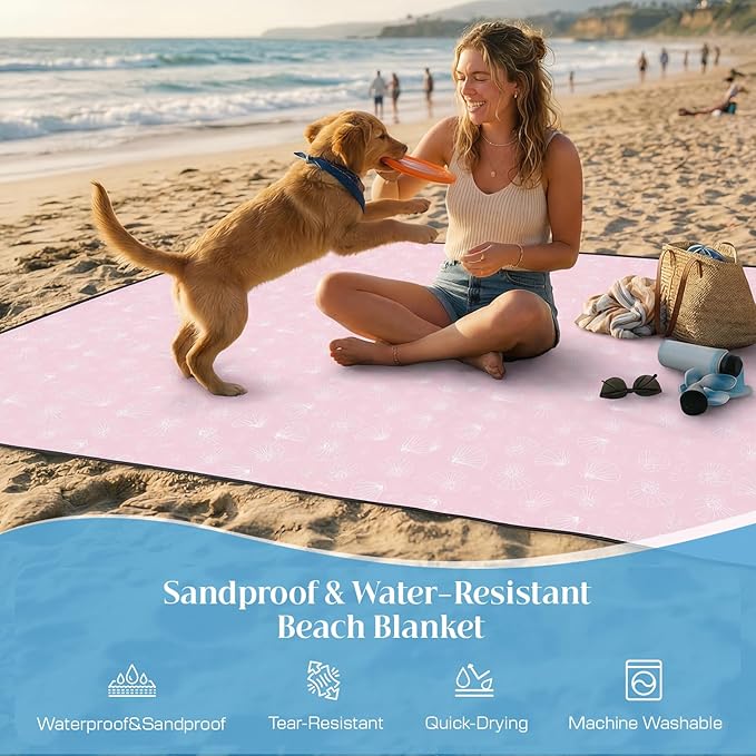 OIGAE 7x7ft Sandproof Beach Blanket - Large Waterproof Picnic Mat for 3-4 People, Lightweight Sand Free Mat for Summer Vacation with 6 Stakes & 4 Corner Pockets for Beach, Camping, Festivals