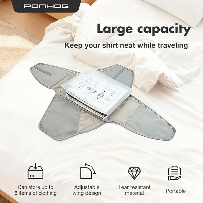 Ponhog Garment Folder 2 PCS - Original Garment Packing Folder Premium Travel Garment Bag Foldable Clothes Shirt Bags Luggage Accessory with Wrinkle-Free Folding Board and Compression Wings Grey