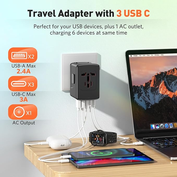 Universal Travel Adapter International Plug - European Travel Plug Adapter Worldwide US AUS EU UK Spain Germany Ireland Italy - All-in-one Travel Outlet Power Adapter with 3 USB C 2 USB A