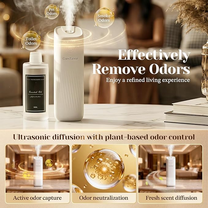 Waterless Essential Oil Diffuser (M60) with 3x120ml Oil, Portable Battery-Operated Cold Air Aroma Scent Machine, 4 Adjustable Intensity Levels, Quiet Diffuser for Bedroom Office Bathroom Car
