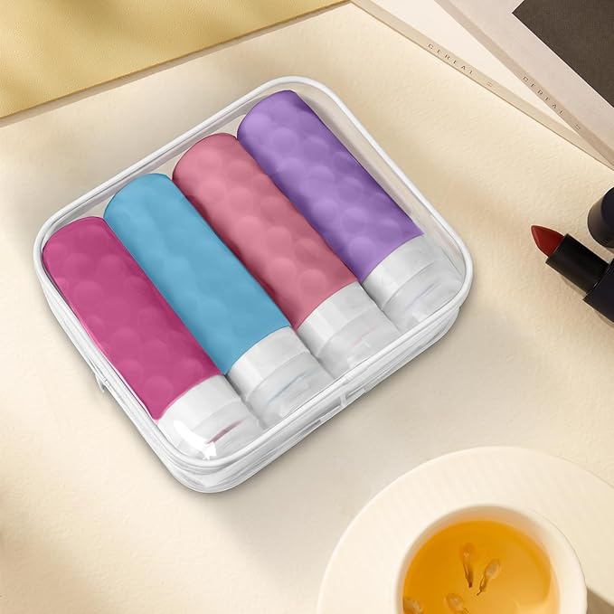 Silevoler Travel Bottles for Toiletries, 4pcs Tsa Approved 3oz Travel Size Containers, BPA Free Leak Proof Premium Silicone Bottles, Refillable Liquid Squeezable Accessories W/Toiletry Bag (Vibrant)