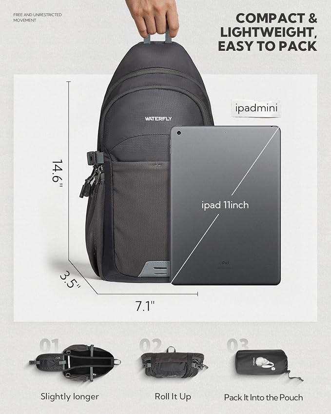 WATERFLY Packable Crossbody Sling Bag: Small Lightweight Travel RFID Blocking Sling Daypack with Water Bottle Holder - Shoulder Chest Bag Backpack for Women Men Hiking Traveling Theme Parks