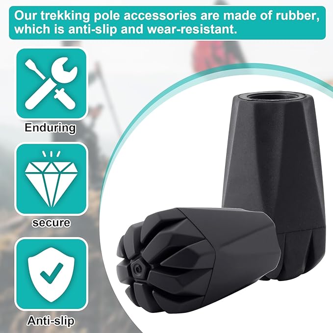 6PCS Walking Stick Tips, Shock Absorption Trekking Pole Tips Replacements, Anti-Slip Wear-Resistant Plastic Tip for Hiking Pole for Seniors or Outdoor Hikers, Mountaineers-Black