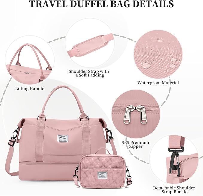 Weekender Bags for Women,Carry On Overnight Travel Duffel Bag with Shoes Compartment & Toiletry Bag,Extra Large,Pink