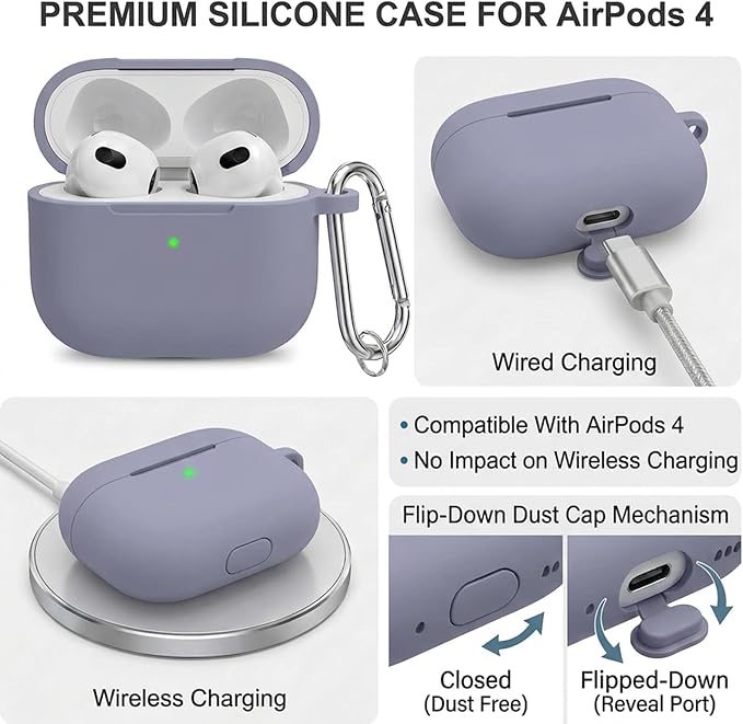 for Airpods 4th Case Cover, Come with Cleaner Kit,Soft Skin Silicone Case Cover with Keychain, Full Protective Case for Men and Women, Compatible with AirPods 4th Generation Case,Grey Blue