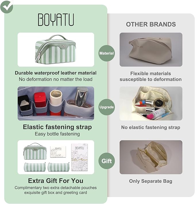 BOYATU Travel Makeup Bag Cosmetic Bag for Women: 3 Pcs Set Striped Make up Bag with Compartments - Waterproof Vegan Leather Toiletry Bag with Handle - Makeup Organizer for Travel Essentials(A-2-Green)