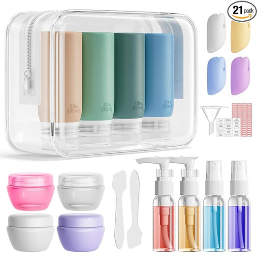 Muslish 21 Pack Travel Bottles for Toiletries, Leak-Proof TSA Compliant Silicone Travel Size Containers for Shampoo and Conditioner, BPA Free with Toiletry Bag (Green)