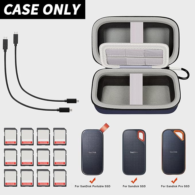 COMECASE Dual SSD Case for SanDisk Extreme Portable SSD & Extreme Pro, Hard Drive Storage Bag Fits 1TB 2TB 4TB 8TB External Solid State Drive, with 12 SD Card Slots, for Travel-Dark Blue (Box Only)