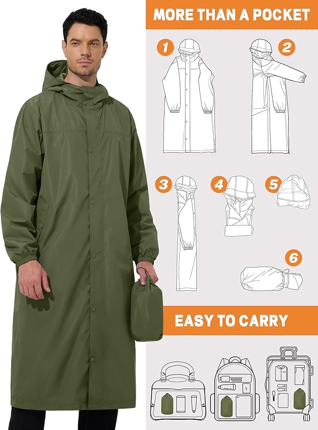 UIQUR Men's Rain Jacket Lightweight Long Raincoat Hood Rain Poncho Waterproof Windbreaker Cycling Running Hiking Packable