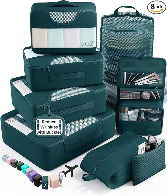 Veken 8 Set Packing Cubes for Travel Essentials,Anti-Wrinkle Buckled Suitcase Organizer for Shoe & Toiletry Bag,Carry On Luggage Bag for Airplane & College Dorm Room Accessories,Women Men Gifts