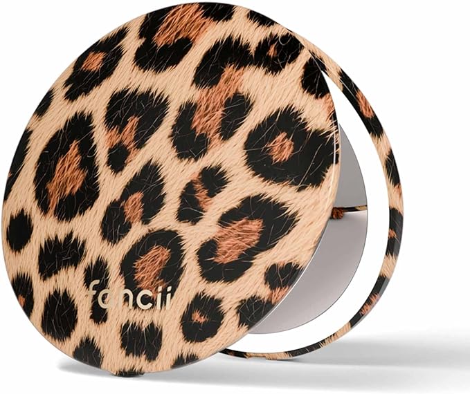 Fancii Mini Taylor Compact Magnifying Mirror with LED Light, 10x/1x, Rechargeable, 3 Light Settings, Dimmable-Small Lighted Travel Handheld Mirror for Pocket, Handbag, Purse, 2-Sided (Cheetah Chic)