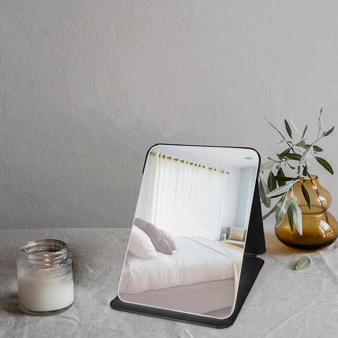 Makeup Mirror, 7x10 Inches Portable PU Leather Mirror, Folding Desktop Vanity Mirror with Adjustable Stand for Vanity Table, Office, Travel (L, Black)