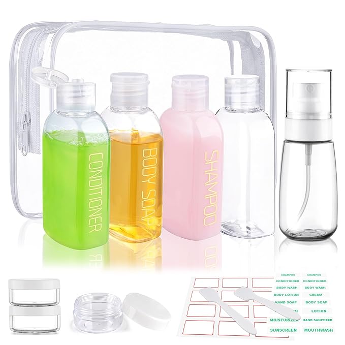 Cosywell 9PCS Leakproof Travel Bottles for Toiletries - TSA Approved Refillable Containers Set for Shampoo, Conditioner, Lotion, Cream Jars