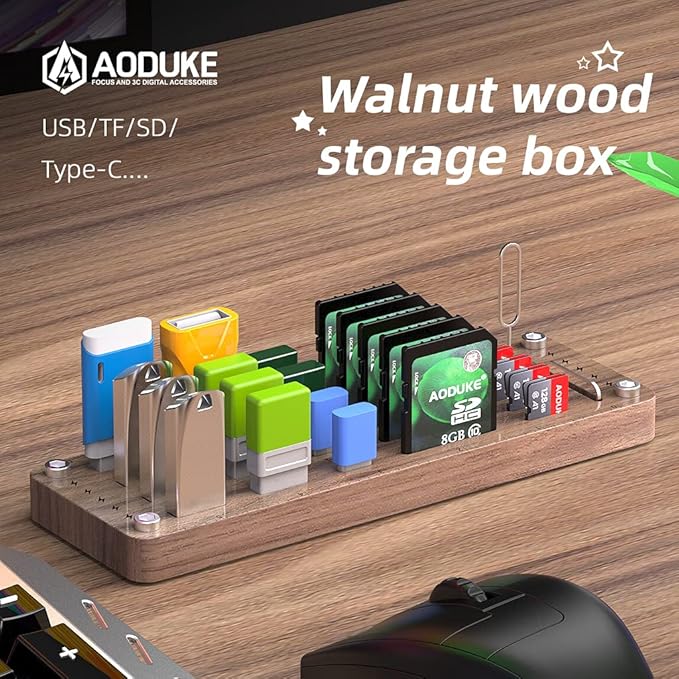 Wooden Memory Card Case TF Cards Box and USB Drive/SD Card Holder Desk,Micro SD Card Case,Memory Card Case, Memory Card Carrying Case -AJSNH01M