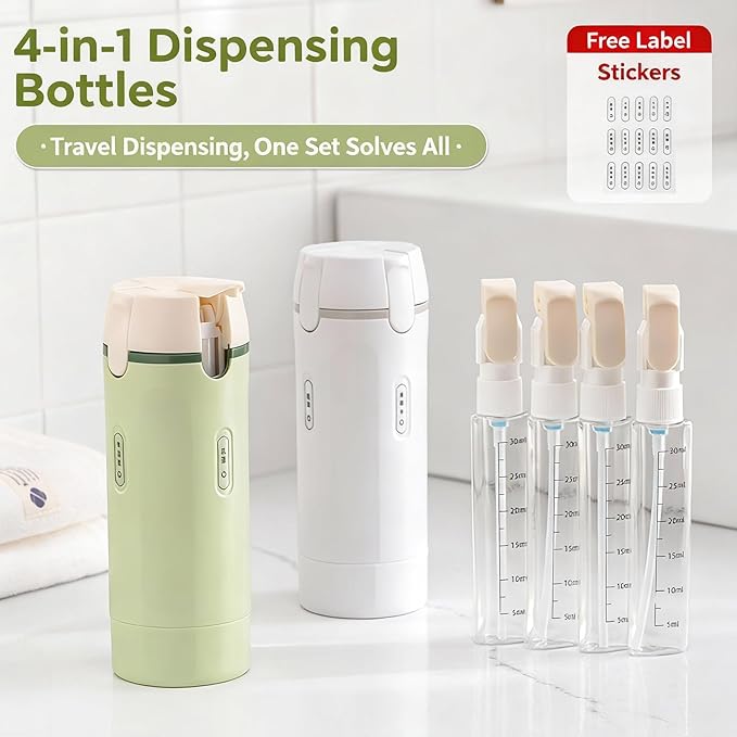 4 in 1 Travel Dispenser Bottle, Refillable Leak Proof Travel Size Bottles for Toiletries, Shampoo, Body Wash, Lotion, Conditioner (White, 16.5cmx5.5cm, 30ml x 4, Plastic)