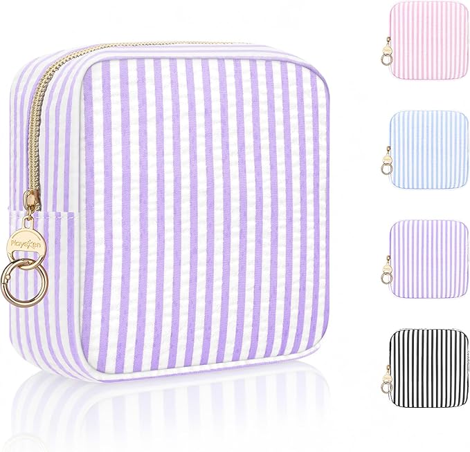 Stripes Period Bag, Small Period Pouches for Teen Girls, Quilted Sanitary Napkin Storage Bag, Compact Discreet Pad and Tampon Holder for Purse (Mini Stripes-Purple)