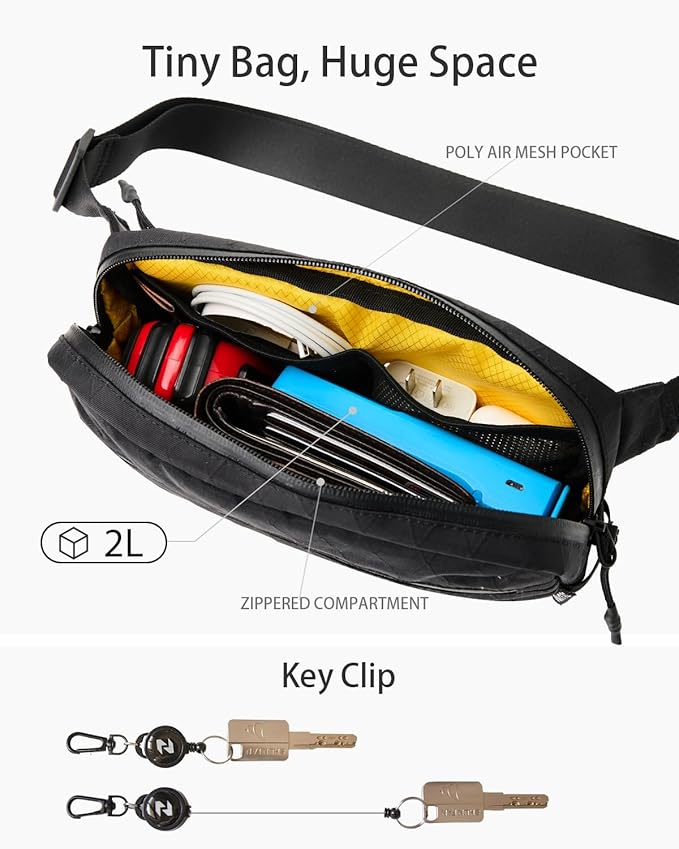 2L Sling Bag for Men & Women - Anti-Theft RFID Blocking Fanny Pack with Lockable Zippers, Water Resistant Lightweight Crossbody Bag for Travel Hiking Running Gym Walking Daily Use(X-Black)