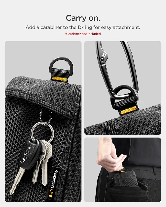 Spigen Life for Soft Material Card Wallet, RFID Blocking Slim EDC Wallet with Mesh Pocket, D-Ring Strap, Waterproof YKK Zipper, Lightweight Everyday Carry Card Holder - Black