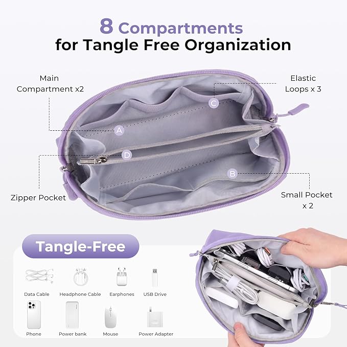 FYY Travel Cable Organizer - 8 Compartments Lightweight Water Resistant Tech Pouch with Wrist Strap, Portable Electronic Accessories Case for Cord Charger Storage for Travel Home Office Purple (Large)