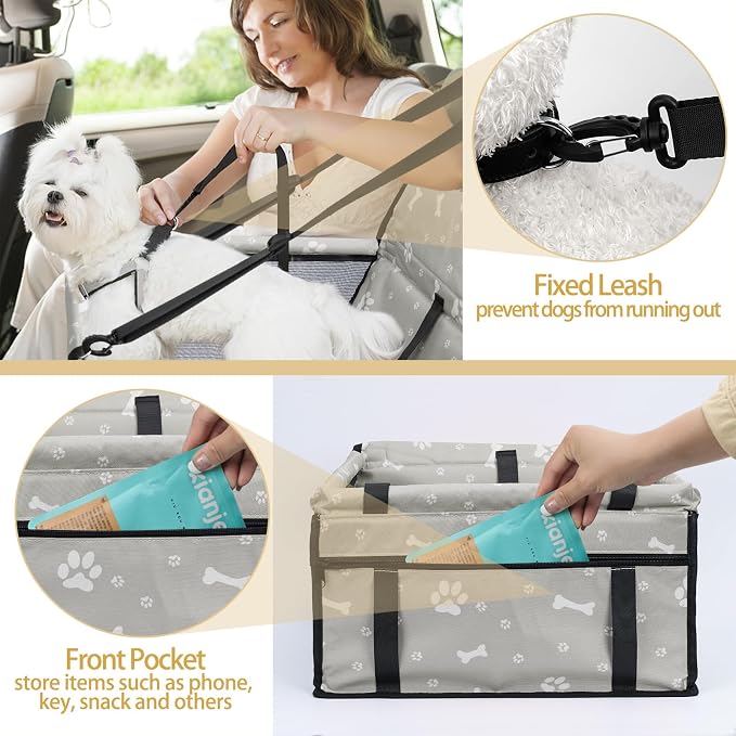 Dog Car Seat Foldable Dog Car Booster Seat Waterproof Breathable Oxford Travel Bag for Small to Medium Dogs, Puppies, and Pets-Pattern Grey+Mat