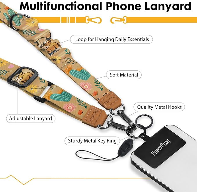 Icycay Phone Lanyard Crossbody, Highland Cow Cell Phone Strap for Around The Neck Adjustable, Western Teacher Anti Theft Cute Lanyard for ID Holder Keys Accessories Travel Essential