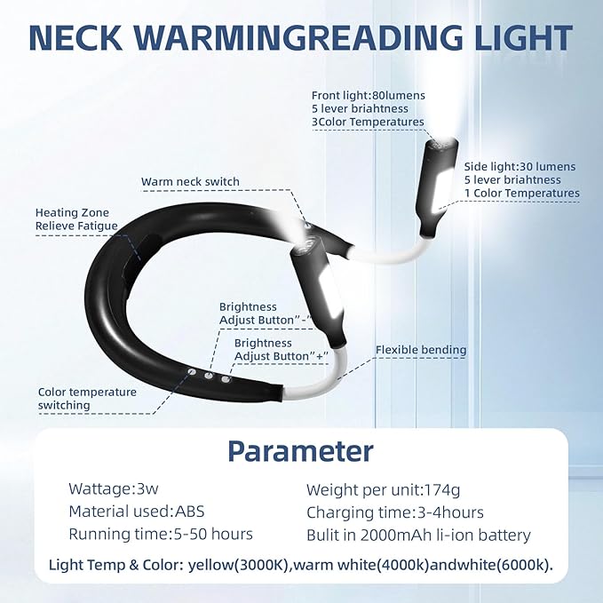 Neck Light, Neck Reading Light,It has a Neck-Warming Function，4 Light 5 Brightness Rechargeable 2000mAh Perfect for Crochet Knitting Cross Stitch Crafting,Book Lovers Gift