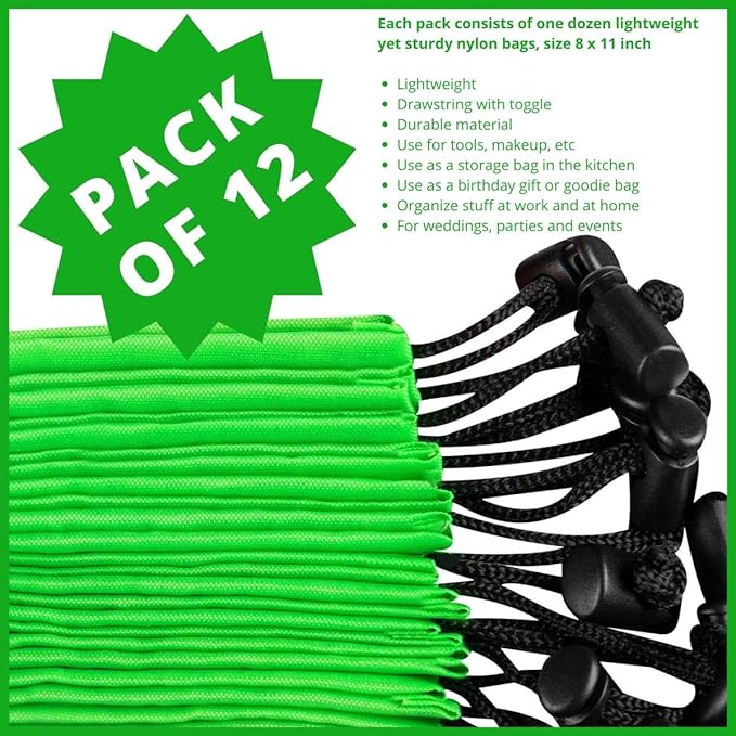 PALTERWEAR Drawstring Pouch with Toggle (8 x 11 Inch, 12 Pack, Green) Nylon Cinch Bag for Travel, Gym, Toiletries and Storage