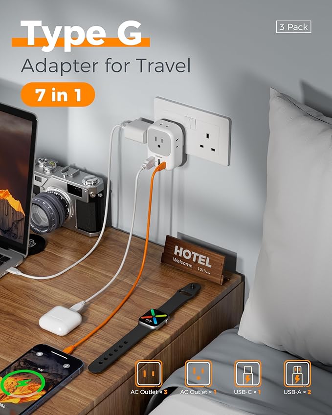 Type G Adapter for Travel 3 Pack, TESSAN US to UK Plug Adapter with 4 Outlets 3 USB Ports (1 USB C 20W), Ireland Power Adaptor for USA to England London Scotland Dubai Singapore Hong Kong British UAE