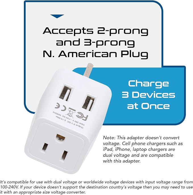 Ceptics UK, Hong Kong, CTU-7-2PK Ireland Travel Adapter Plug with Dual USB - Type G - London - USA Input - Light Weight - Perfect for Cell Phones, Chargers, Cameras and More - 2 Pack