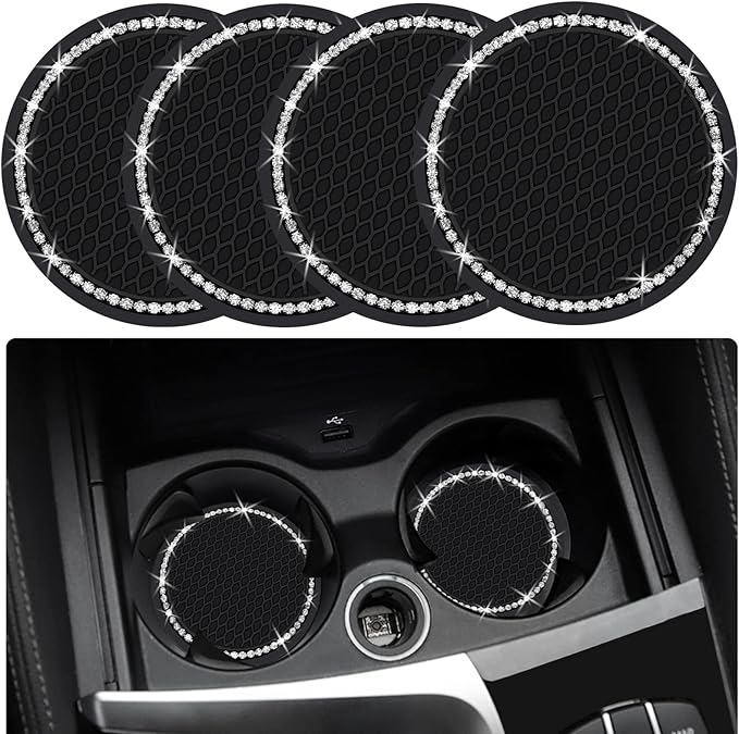 4PCS 2.75 Inch Bling Auto Car Cup Holder Insert Coasters Silicone Anti-Slip Crystal Rhinestone Drink Car Cup Mat, Universal Vehicle Interior Accessories for Women Girls (Black)
