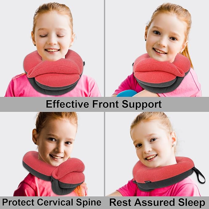 BUYUE Kids Travel Pillows for Airplane, Memory Foam 360° Head Support Sleeping Essentials for Girls Long Flight, Skin-Friendly Soft Neck Pillow for Traveling in Car Seat, (Small, Pink Grey, 40-90 lbs)