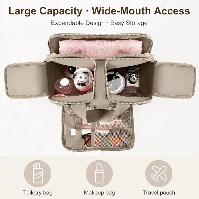 Travel Makeup Bag, Portable Travel Bag with Hanging Hook for Women, Waterproof and Hanging Toiletry Bags Travel Organizer Accessories for Travel Essentials,Brown