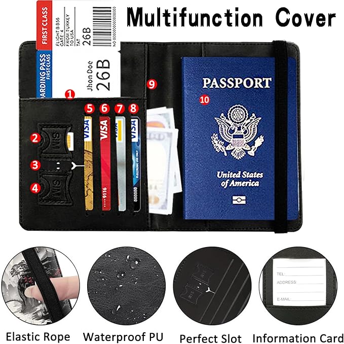 Passport Wallet, Passport Holder with RFID Blocking and Luggage Tag, Waterproof PU Leather Travel Documents Organizer Case, Passport Covers with Card Slot for Women & Men, Red Moon Japanese Landscape