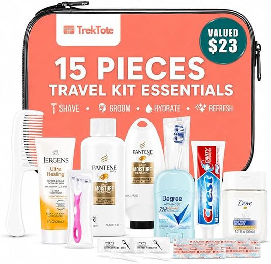 15 Piece Set Women’s Travel & Hygiene Kit with Clear Toiletry Bag, Personal Care Essentials, Single Kit or Bulk Case Packs, TSA Approved Toiletry Kit for Travel, Vacation, Everyday Essentials