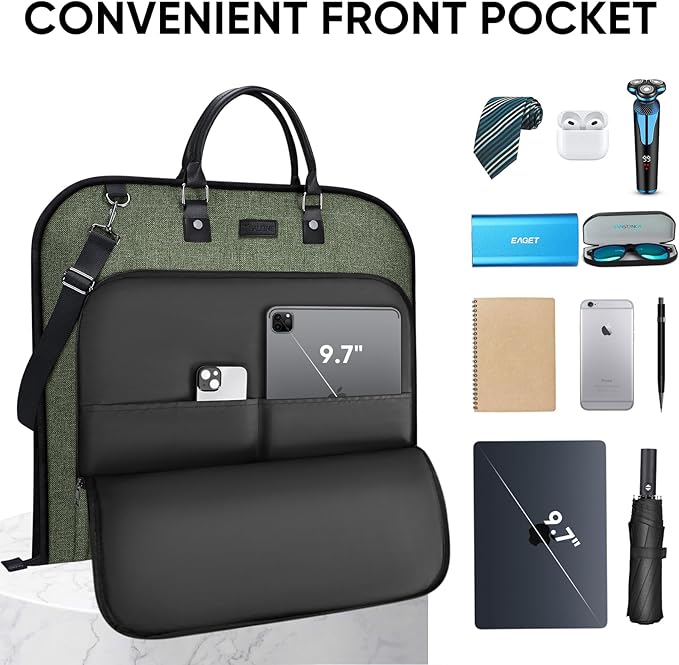 BALEINE Travel Garment Bag, Travel Suit Bag for Men, Water Resistant Carry on Garment Bag for Hanging Clothes, Garment Duffel Bag for Travel Business (Green)