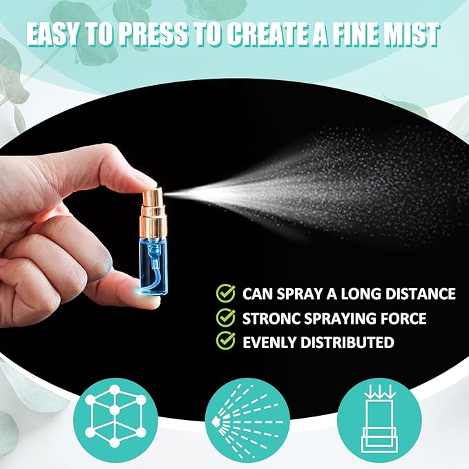 Zhehao 1 Pcs Mini Spray Bottles Clear Glass Perfume Bottles Refillable Fine Mist Perfume Atomizer Portable Empty Sample Containers for Cleaning, Essential Oils, Travel (Gold Cap,3 ml)